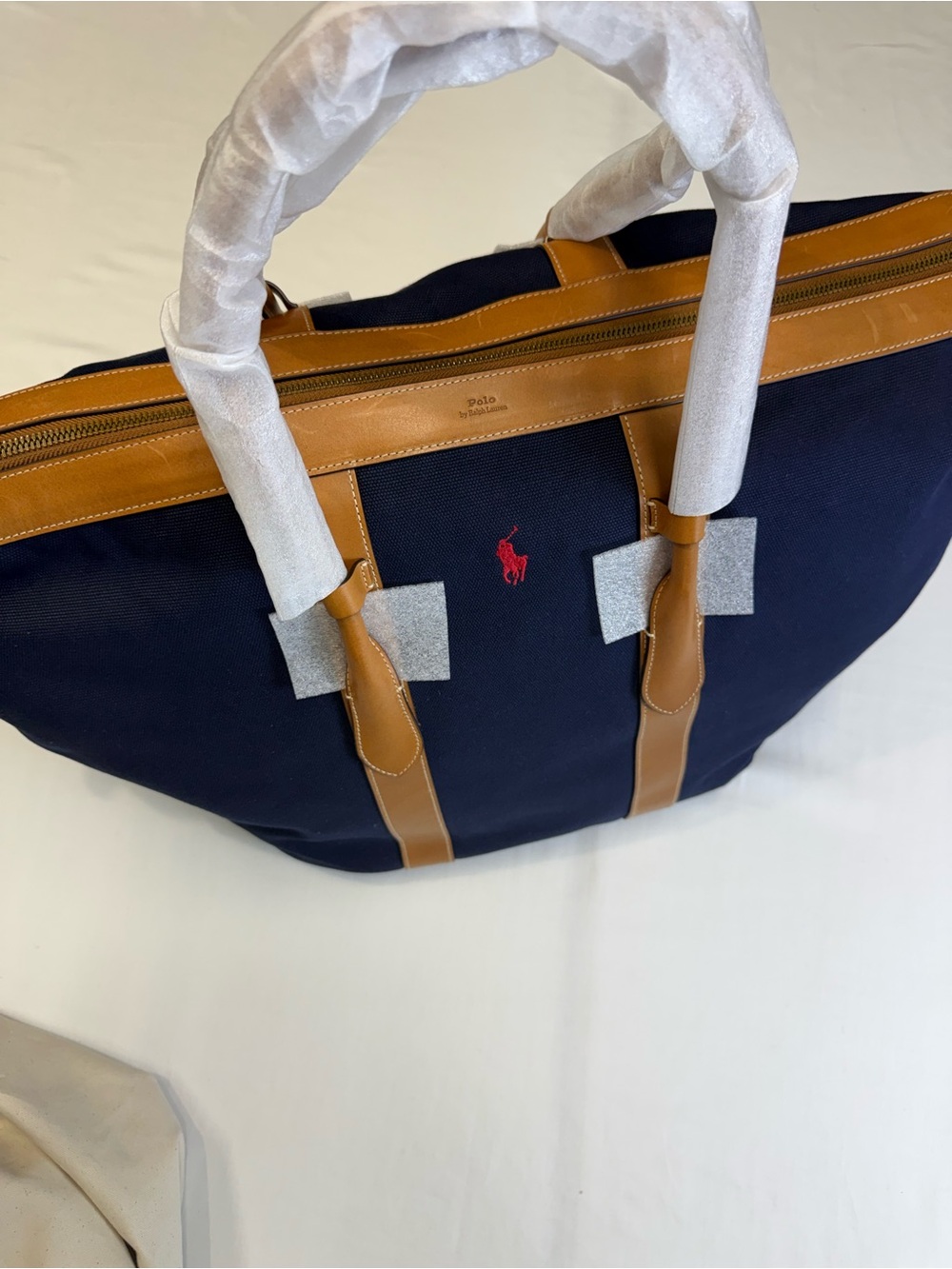 Ralph Lauren Navy Canvas Travel Tote with Tan Leather Trim and Red Polo